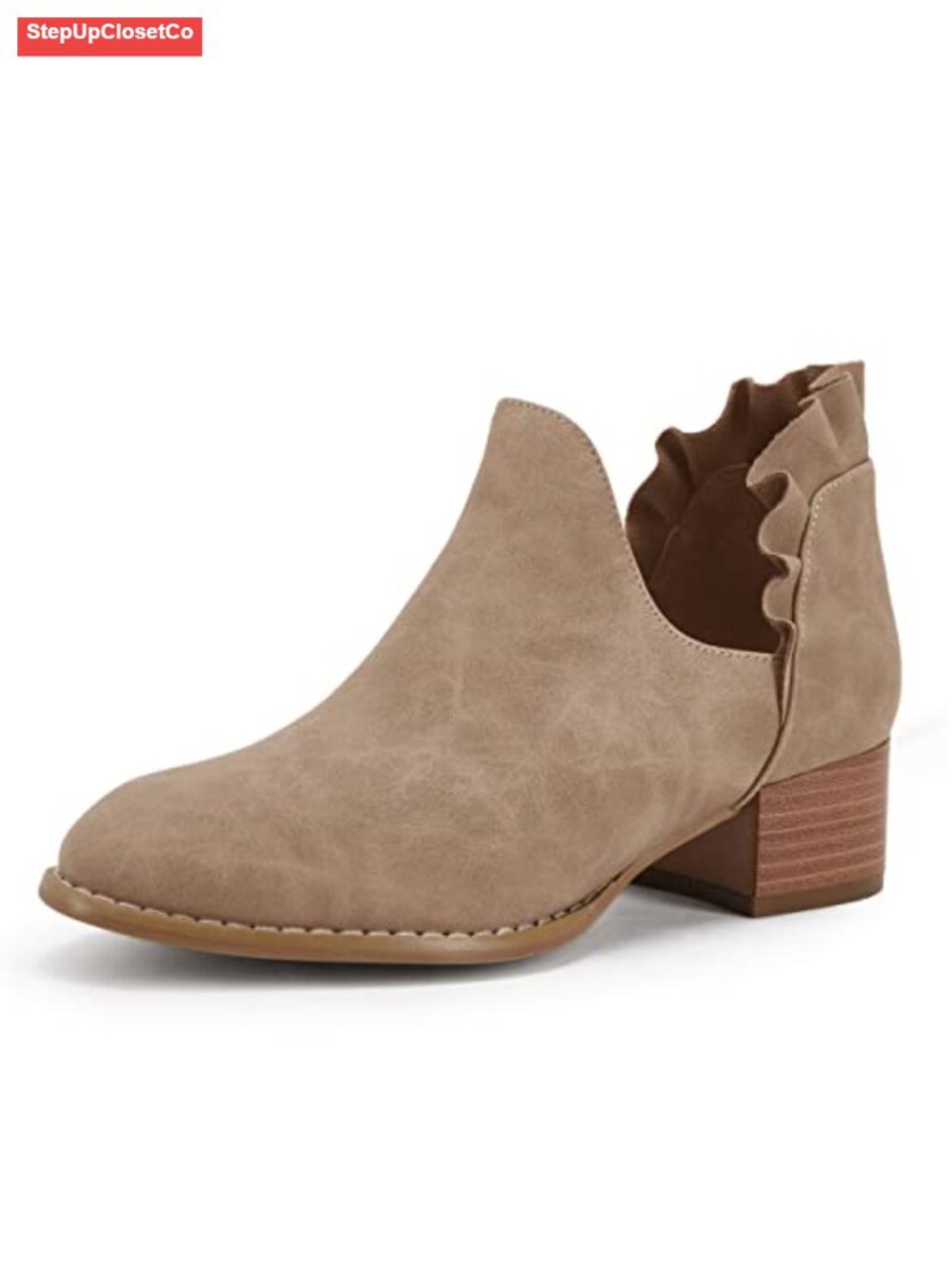 FISACE Ruffled Ankle Boots Faux Leather V Cut Out Pointed Toe Chunky Low Heel